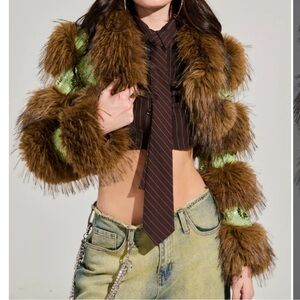 Brown and Green Faux Fur Jacket